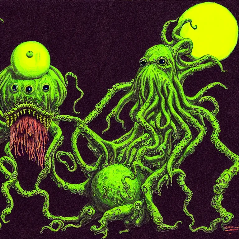 Prompt: a cinematic scene tennis ball monster from the cthulhu in nevada test side, lovecraft, concept art by basil gogos, dramatic lighting, ultra hd, hdr, 8 k