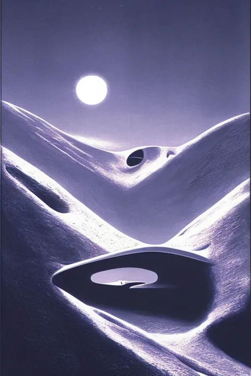 Prompt: emissary space by arthur haas and bruce pennington and john schoenherr, cinematic matte painting, minimal modern, zaha hadid building in the mountains with snow, dark monochrome color palate, pink sunset,