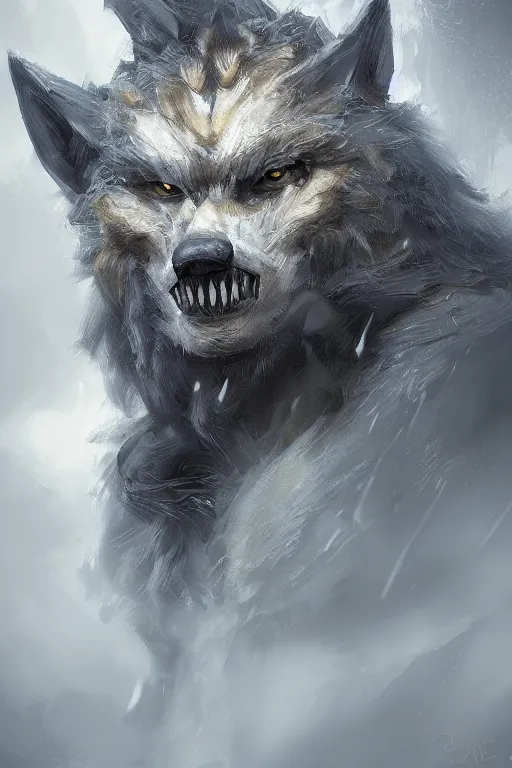 Image similar to ultra realist and ultra intricate detailed soft painting of a werewolf, from the waist up, symmetry features, yellow eyes, sensual gloomy style, volumetric clouds, foggy forest background, artstation, unreal render, depth of field