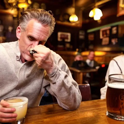 Prompt: jordan peterson drinking a delicious pint in a english - style pub, warm lighting, cozy, inviting, photo realistic