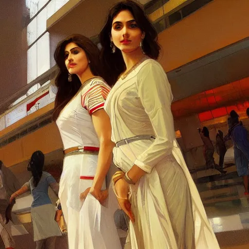 Image similar to Anxious good looking pale young Indian doctors wearing American clothes at the airport, portrait, elegant, intricate, digital painting, artstation, concept art, smooth, sharp focus, illustration, art by artgerm and greg rutkowski and alphonse mucha