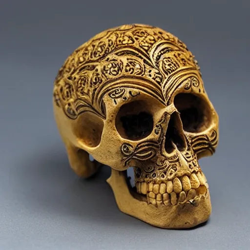 Prompt: intricately carved human skull, intricate ornament, gilding