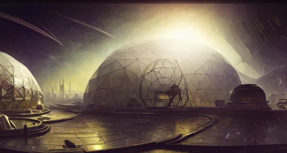 Image similar to cinematic shot, futuristic city on the moon inside a giant geodesic dome, utopian, night, stars, digital painting, artstation, concept art, smooth, sharp focus, illustration, intricate, elegant, highly detailed, in the style of greg rutkowski and alphonse mucha and artemisia, 8 k, highly detailed, jurgens, rutkowski