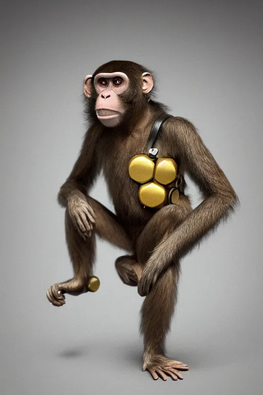 Image similar to Photography of ultra mega super hyper realistic detailed monkey in cyberpunk suit with many details by Hiromasa Ogura . Photo made from 30 meters distance on Leica Q2 Camera, Rendered in VRAY and DaVinci Resolve and MAXWELL and LUMION 3D, Volumetric cyan gold natural light