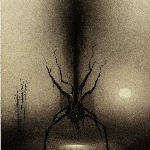 Prompt: dark atmosphere foggy landscape with a strange monster legs like a spider in The back dramatic lighting horror Beksinski