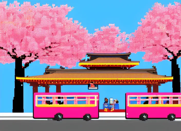 Image similar to pixel art of a bus stop in kyoto where cherry blossoms bloom a warm pink color.