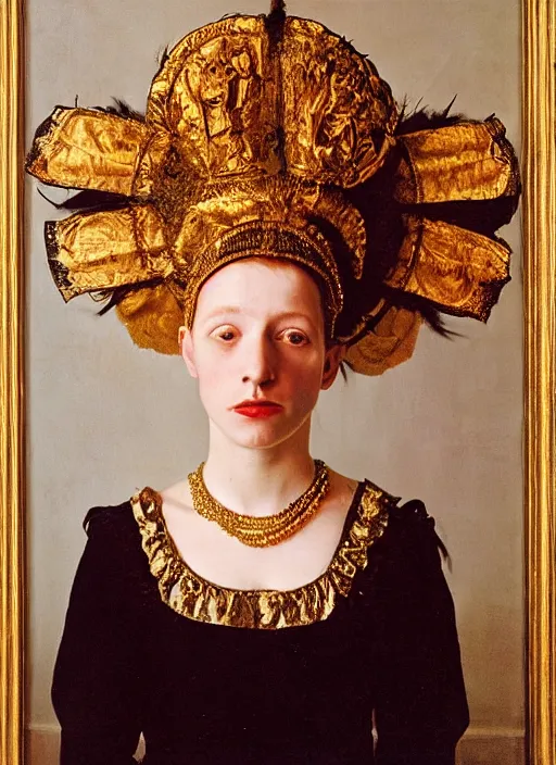 Prompt: portrait of young woman in renaissance dress and renaissance headdress, art by nan goldin