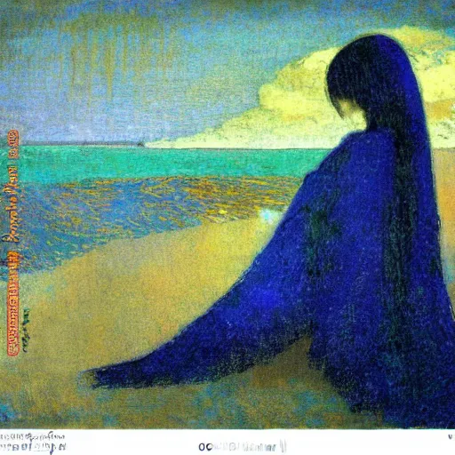 Image similar to glitch girl and very very tall monster wrapped in a blanket looks into the distance on the beach, in the rain, style by odilon redon, atmospheric