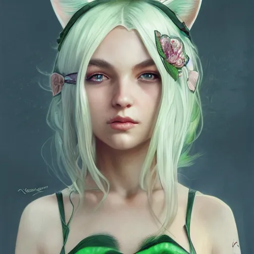 Image similar to ultra realistic illustration, dream girl with white hair, with light green eyes, with cat ears, in a sundress, intricate, elegant, highly detailed, digital painting, artstation, concept art, smooth, sharp focus, illustration, art by artgerm and greg rutkowski and alphonse mucha