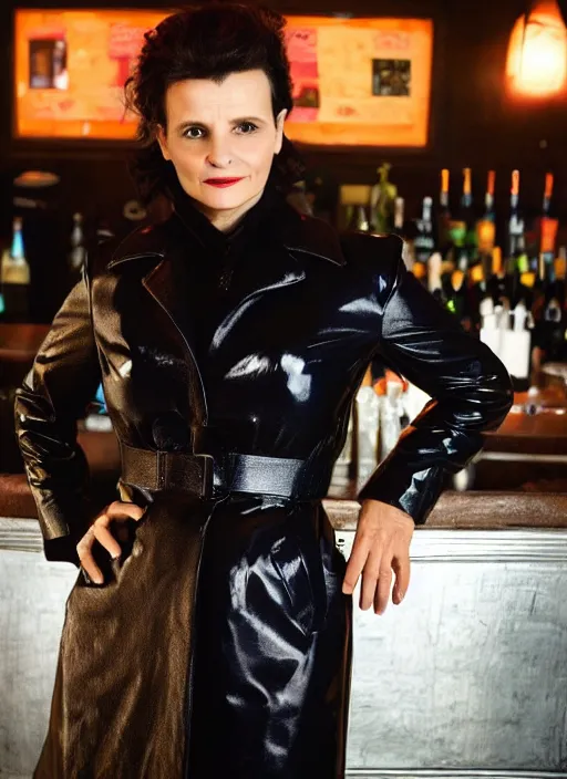 Image similar to head to shoulder portrait Juliette Binoche wearing black latex coat in a bar. In the syle of a film noir movie.