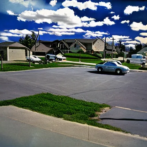 Prompt: liminal space suburban neighborhood, with blue sky, and clouds, very bright day, 2 0 0 8 photograph