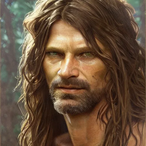 Prompt: portrait of the god of the forest, 40 years old, long hair, rugged, male, gorgeous, detailed face, amazing, hairy torso, muscular, intricate, highly detailed, digital painting, artstation, concept art, sharp focus, illustration, art by greg rutkowski and alphonse mucha