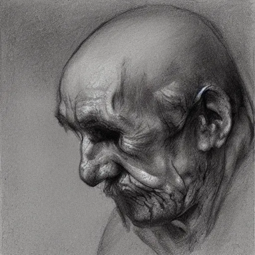 Prompt: drawing sketch of a dying old man, by Ilya Repin, charcoal, chalk, 20th century russian academic art, detailed, spontaneous linework, musculature