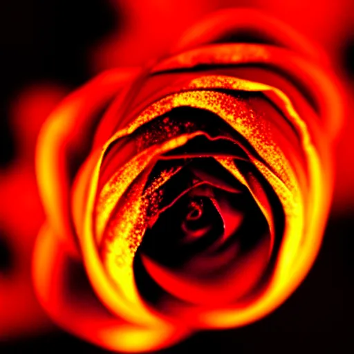 Image similar to award - winning macro of a beautiful black rose made of glowing molten magma