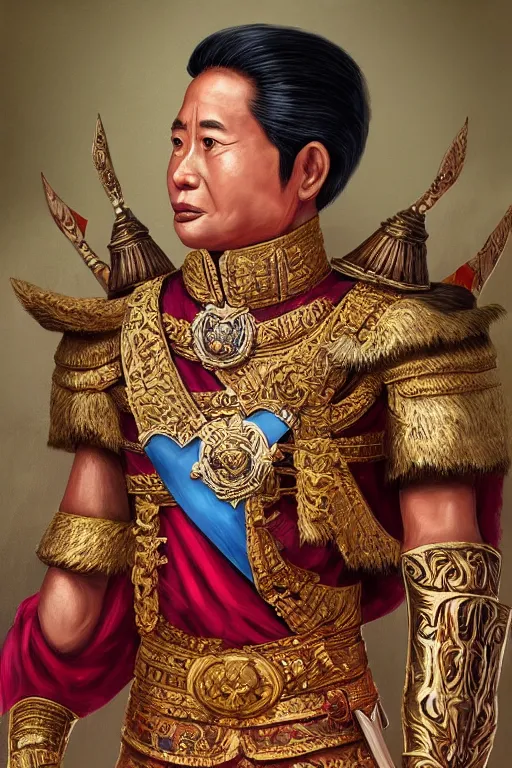 Prompt: full body portrait of king ramkamhaeng the great, thai warload, d & d, elegant, highly detailed, digital painting, artstation, concept art, smooth, sharp focus, illustration, art by jakkrapan pocayakit