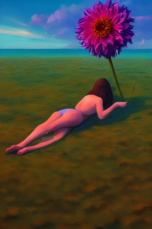 Image similar to closeup giant dahlia flower head, girl laying on beach, surreal photography, blue sky, sunrise, dramatic light, impressionist painting, digital painting, artstation, simon stalenhag