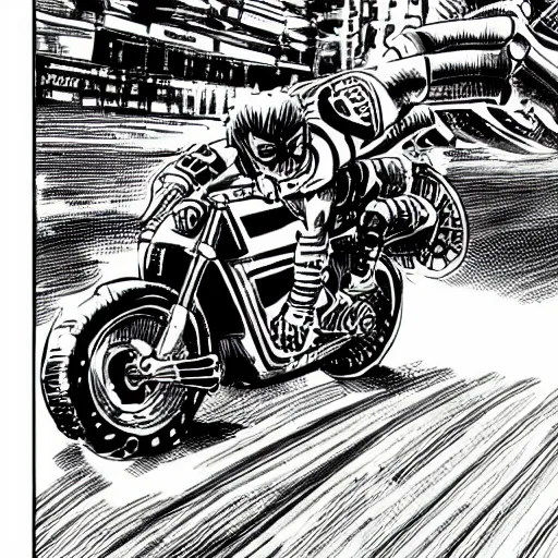 Prompt: mexican wrestler riding japanese motorcycle in neotokyo, manga katsuhiro otomo style, full page cartoon