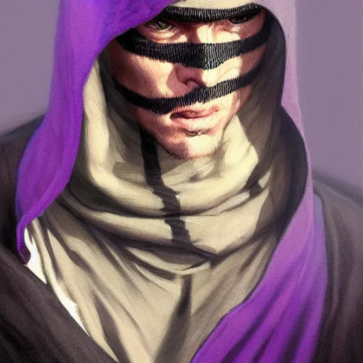 Image similar to ultra realistic illustration, man in a black hood, in a striped purple balaclava, mysterious, highly detailed, digital painting, artstation, concept art, smooth, sharp focus, illustration, art by artgerm and greg rutkowski and alphonse mucha