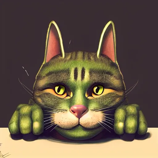 Image similar to hybrid of cat and shrek, half shrek - half cat, digital art, photo realistic, highly detailed, art by george stubbs, anton fadeev, james gurney, ilya kuvshinov