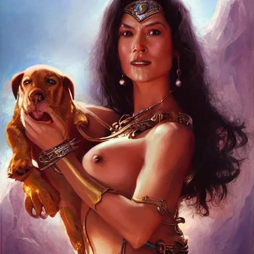 Image similar to Princess Dejah Thoris of Helium with Martian dog Woola, 4k oil on linen by wlop, artgerm, andrei riabovitchev, nuri iyem, james gurney, james jean, greg rutkowski, highly detailed, soft lighting 8k resolution