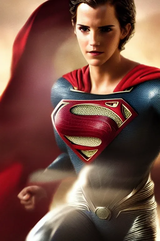 Image similar to a fancy close up of Man of Steel cast as Emma Watson by Greg Rutkowski, full body shot