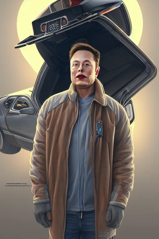 Image similar to elon musk as marty mcfly near delorean, realistic portrait, symmetrical, highly detailed, digital painting, artstation, concept art, smooth, sharp focus, illustration, cinematic lighting, art by artgerm and greg rutkowski and alphonse mucha