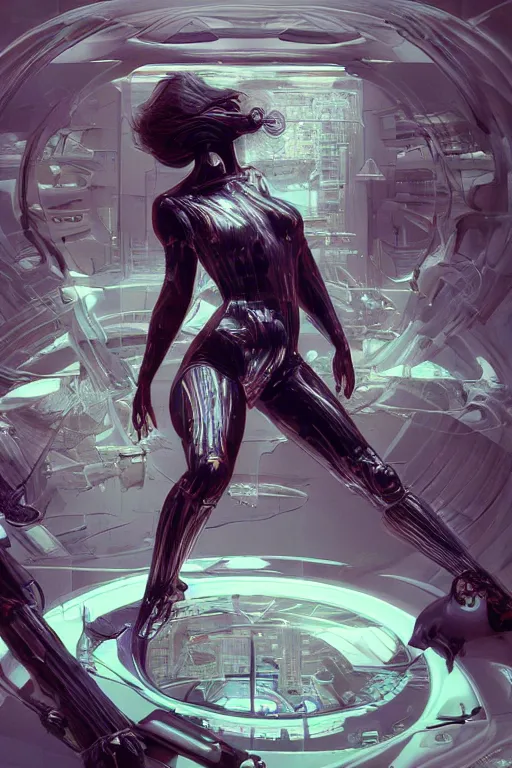 Image similar to the most amazing dream you ever had about a beautiful woman transhumanism, hyper realistic, concept art, intricate, hyper detailed, smooth, syd mead, high contrast, neon, volumetric lighting, octane, raytrace, jim lee, moebius