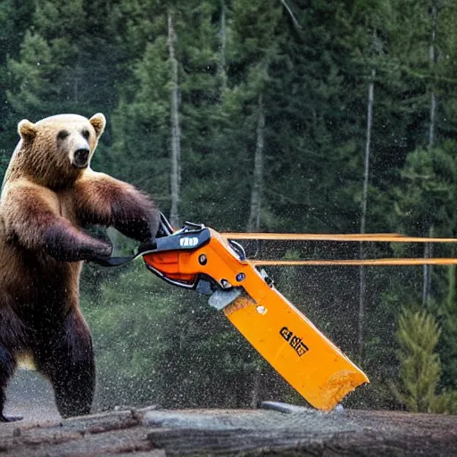 Prompt: Photo of a bear with chainsaws for arms