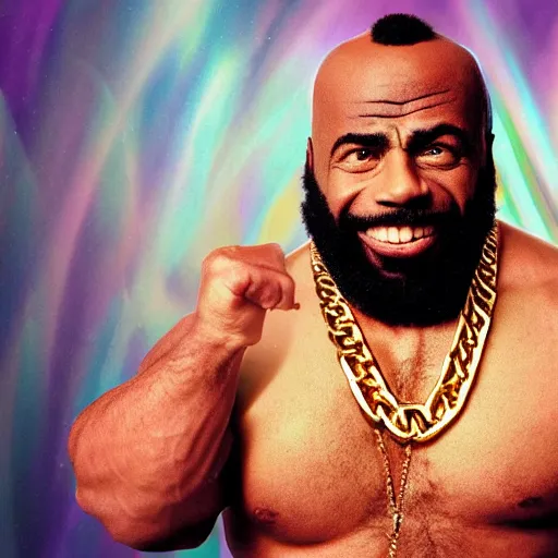 Image similar to a photograph of joe rogan as mr. t wearing many gold chains with a psychedelic dmt background