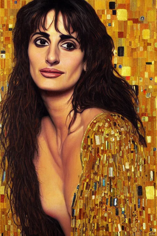 Image similar to oil painting, portrait of penelope cruz, artwork by gustav klimt