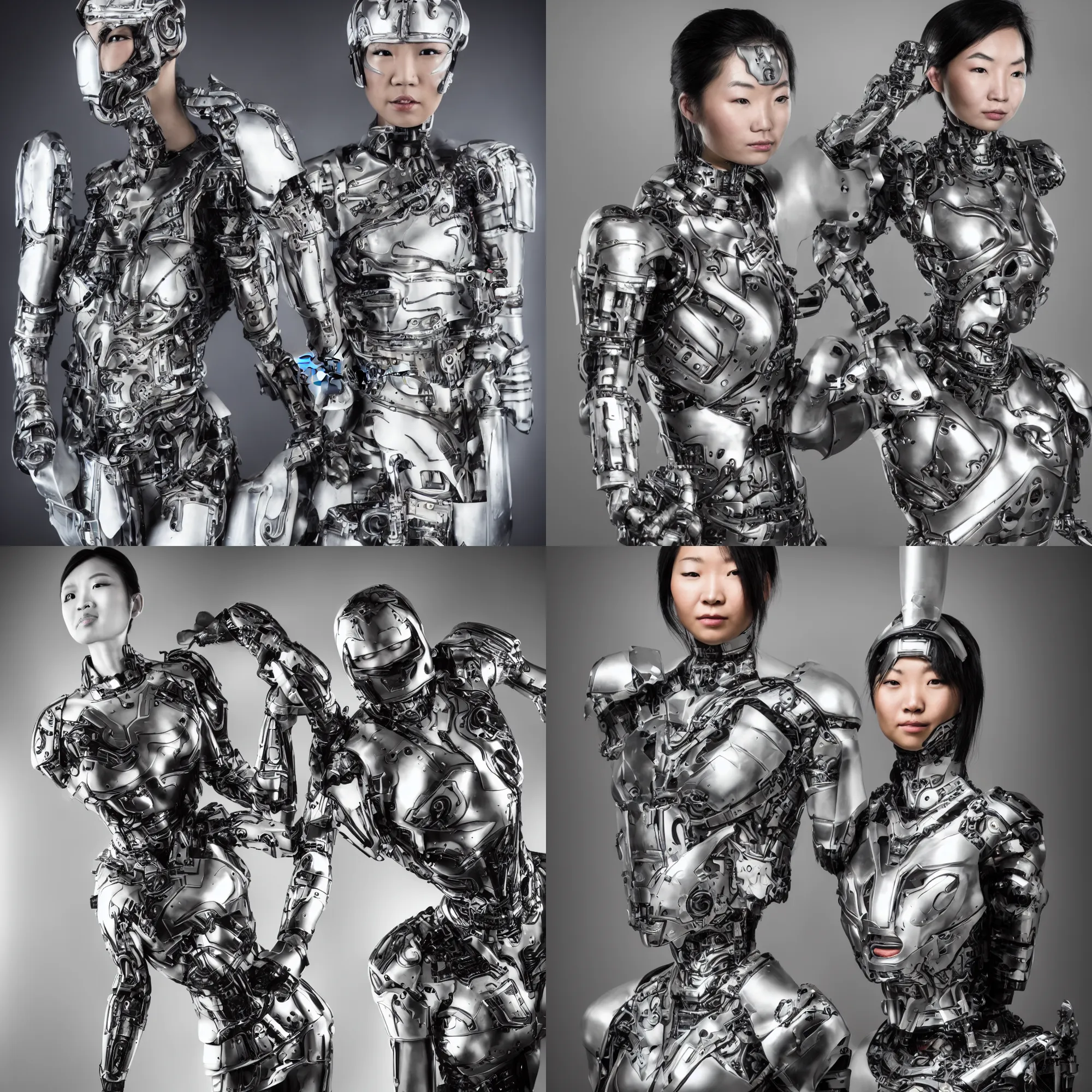 Prompt: woman in cybernetic armor, half chinese ethnicity, studio, half portrait