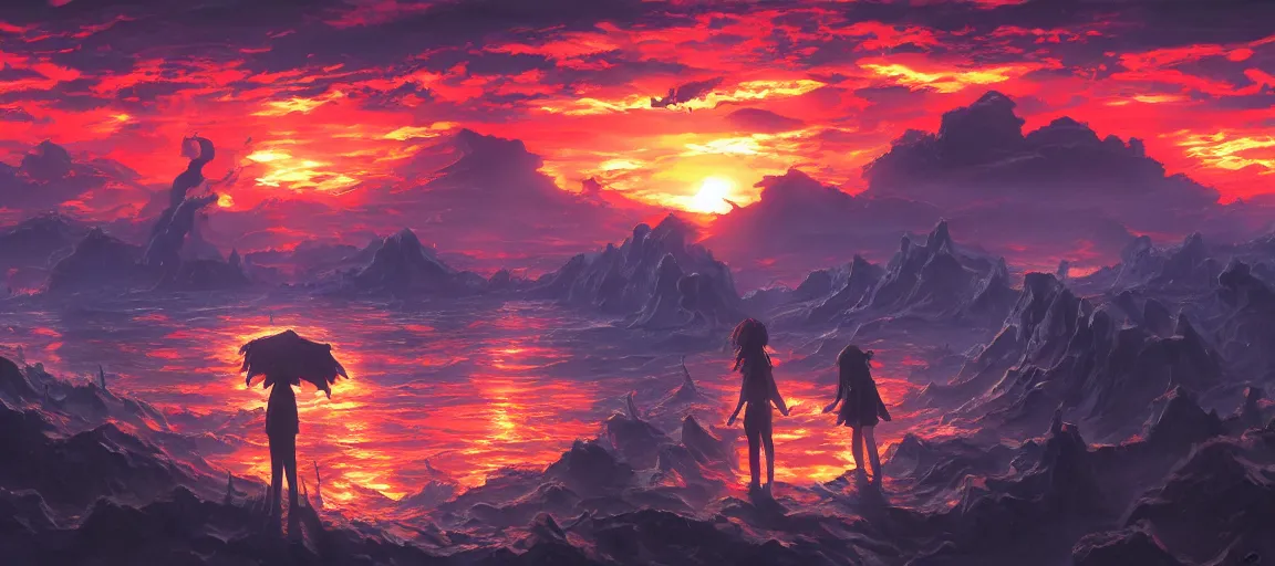 Prompt: A beautiful painting of the end of Evangelion, sunset, dark, horror, fantasy landscape, by Li Shuxing, Trending on artstation.