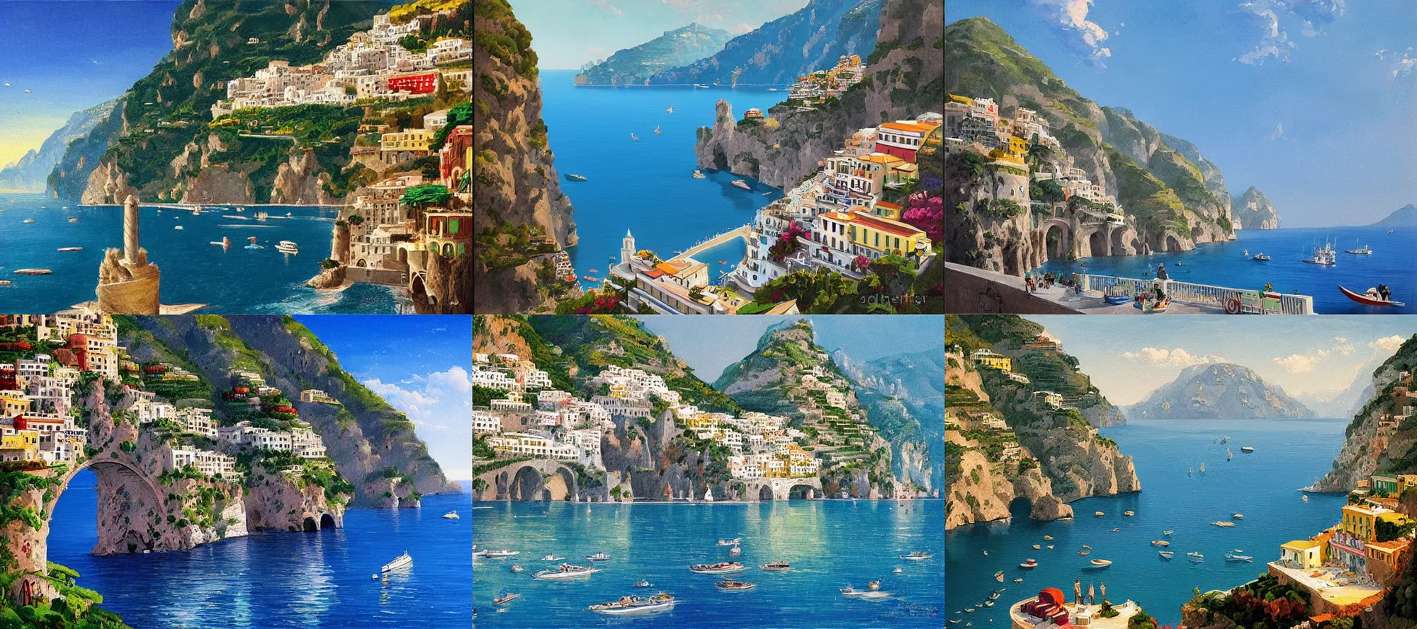 Prompt: amalfi coast in the style of dr. seuss, painting by raphael lacoste