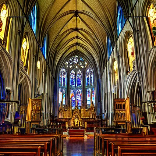 Prompt: st. patrick's cathedral with large stained glass windows, grand hall, volumetric light, light rays shine through the glass, broken pews, clean, cinematic, hyper realistic