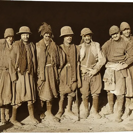 Image similar to ultra detailed photorealistic sepia - toned photo from 1 9 1 7, a small group of british soldiers standing with bedouin traders in traditional arab garb, at an archaeological dig site in wadi rum, ultra realistic, painted, intricate details, lovecraft, atmospheric, dark, horror, brooding, highly detailed, by clyde caldwell