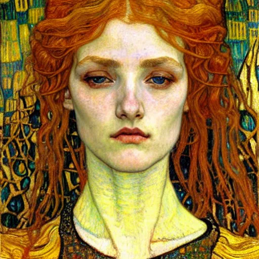 Image similar to detailed realistic beautiful young medieval queen face portrait by jean delville, gustav klimt and vincent van gogh, art nouveau, symbolist, visionary, gothic, pre - raphaelite, muted earthy colors, desaturated