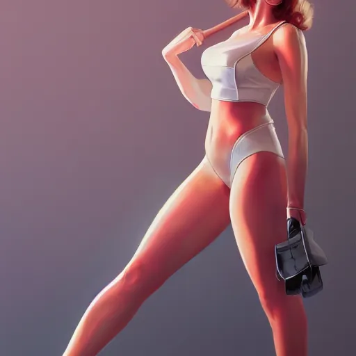 Prompt: modern woman | hyperrealistic | action pose | digital painting | trending on artstation | pinup portrait | clean | illustration | dressed | Unreal Engine 5 | 8k resolution | by Greg Rutkowski and Mel Ramos