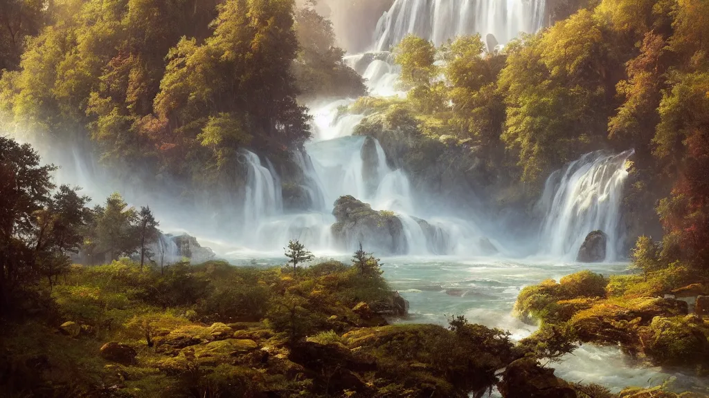 Prompt: the most beautiful panoramic landscape, oil painting, where a giant dreamy waterfall creates a river, the trees around are starting to bloom in a variety of colors, by greg rutkowski, long exposure