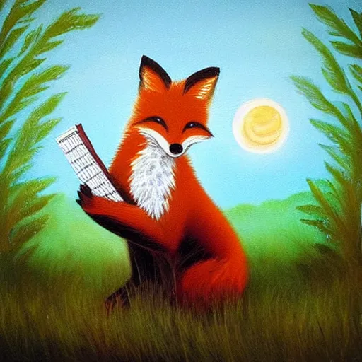 Prompt: “A fox playing the piano in a meadow in The Swedish forest during the night under the moonlight, children’s book oil painting”