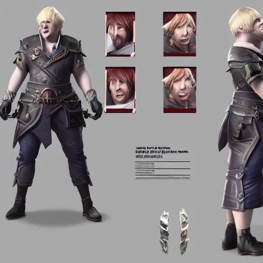 Image similar to character sheet of boris johnson as leage of legend hero, with a backgroud based on the game league of legends, 3d render, octance render, trending on artstation, ultra realistic, highly detailed, unreal engine 5