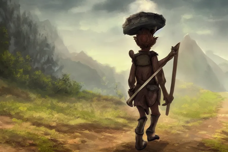 Prompt: a lone kobold carrying a bindle stick, traveling long dirt road, d & d, fantasy setting, 4 k, digital art