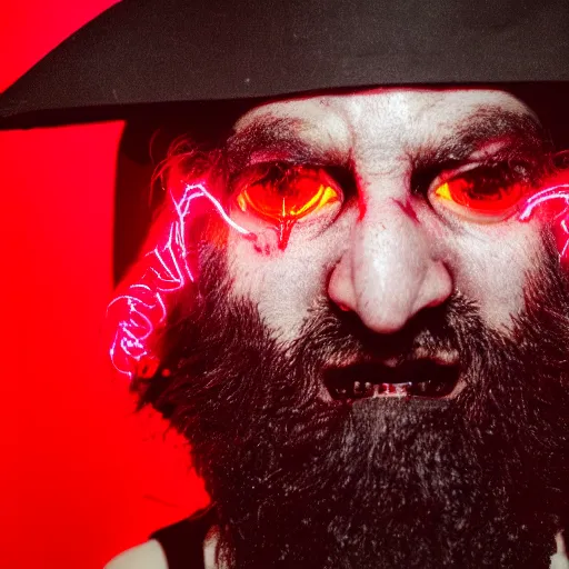 Prompt: a close up of a Rabbi that is the devil with horns looking at the camera in anger, cyberpunk art, neon, satan, red skin, dark, ominous, haunting, sinister, close-up, studio lighting, red lighting, scary, horror, dark,