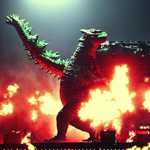 Prompt: Godzilla as Beyoncé performing on stage at Coachella, photo