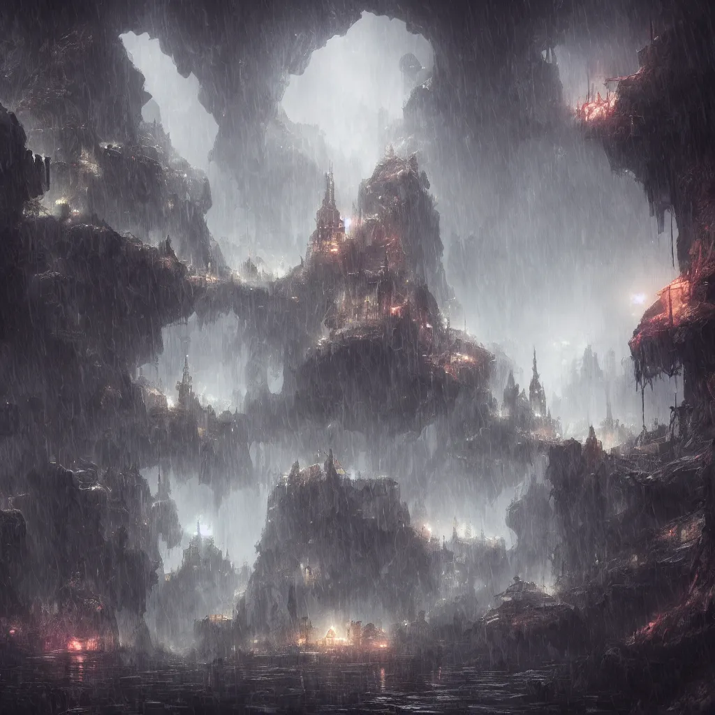 Image similar to a fantasy city built within a vast cave, illustration, raining, dark and moody lighting, digital art, fantasy, 8 k, trending on artstation, detailed