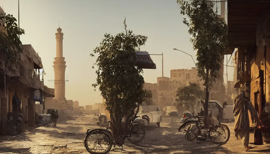 Prompt: old jeddah city street, roshan, shops, pharmacy, a nomad wearing a worn out coat, plants, tree, dramatic lighting, by caspar david friedrich by james gilleard and justin gerard, artstation, smooth, sharp focus, by jean baptiste, octane render night