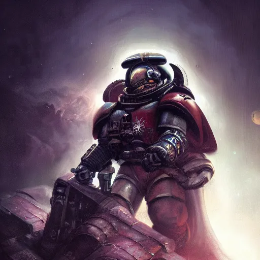 Image similar to closeup portrait of a space marine, dramatic lighting, city background, night, moon, chiaroscuro, high detail, painted by geoffroy thoorens, painted by igor sid, painted by raymond swanland, trending on artstation