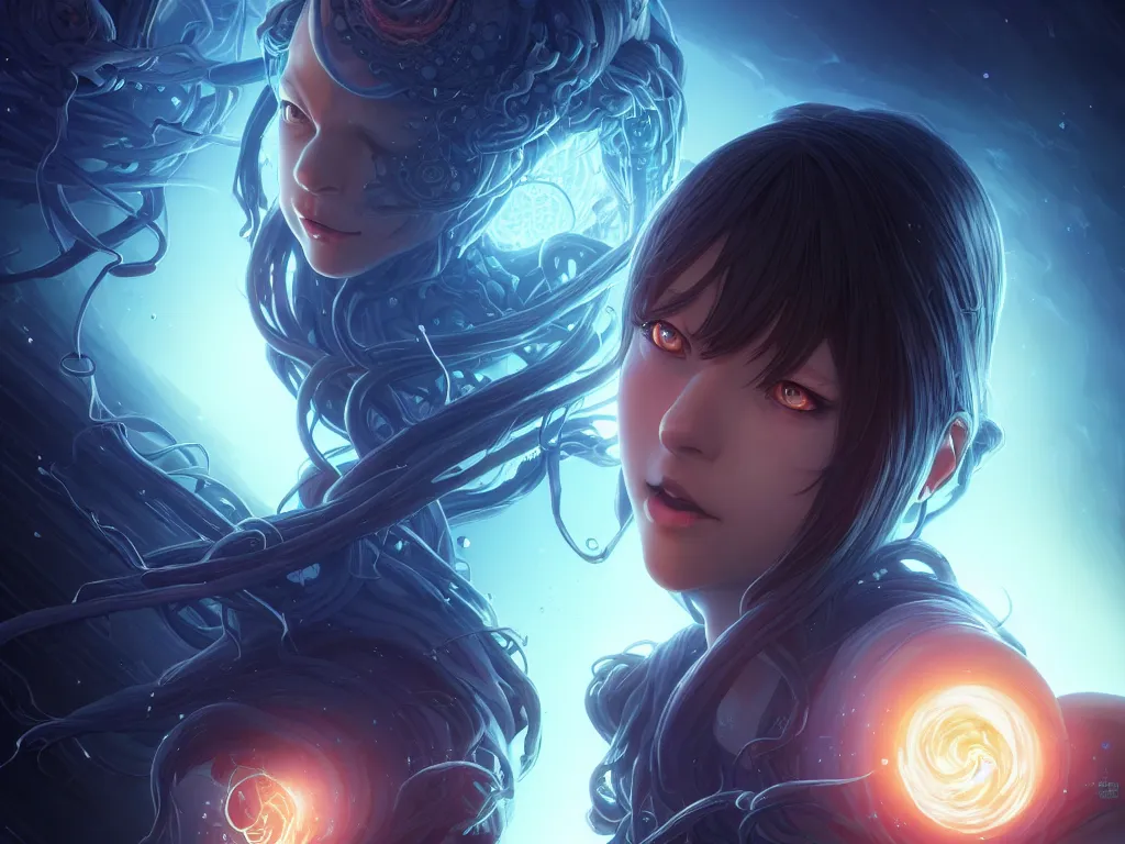 Image similar to azathoth girl save the earth, occlusion shadow, specular reflection, rim light, unreal engine, artgerm, artstation, art by hiroaki samura and ilya kuvshinov and ossdraws, intricate, highly detailed 8 k, cosmic horror illustration, extremely beautiful and aesthetic shape of face and body, movie poster