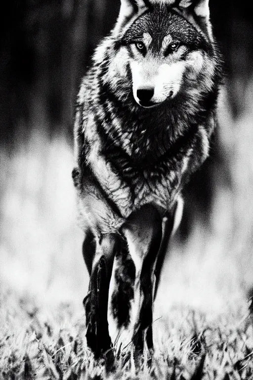 Image similar to wolf animal, film noir style, cinematic, black and white