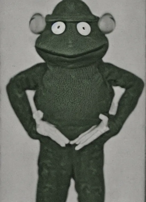 Image similar to grainy 1940’s WWII military portrait of an anthropomorphic frog muppet dressed like a soldier, professional portrait HD, frog, frog head, authentic, Kermit, muppet