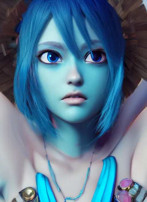 Prompt: portrait of a beautiful girl with turquoise hair and a blue dress, intricate jewelry, genshin impact, realistic anime, sharp focus, octane render, trending on artstation, 8k